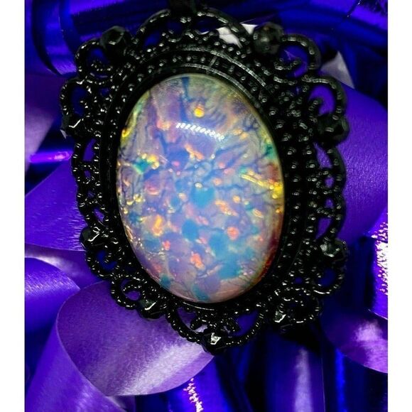 Opalescent Fire White Opal Black Enamel Necklace - Picture 5 of 9